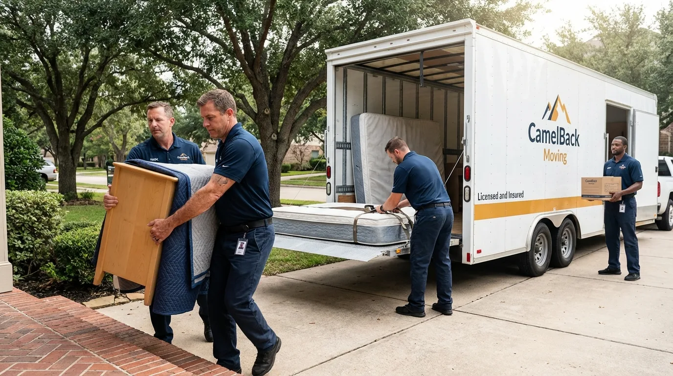Crew loading residential truck for cross-state move from Blanchard, OK