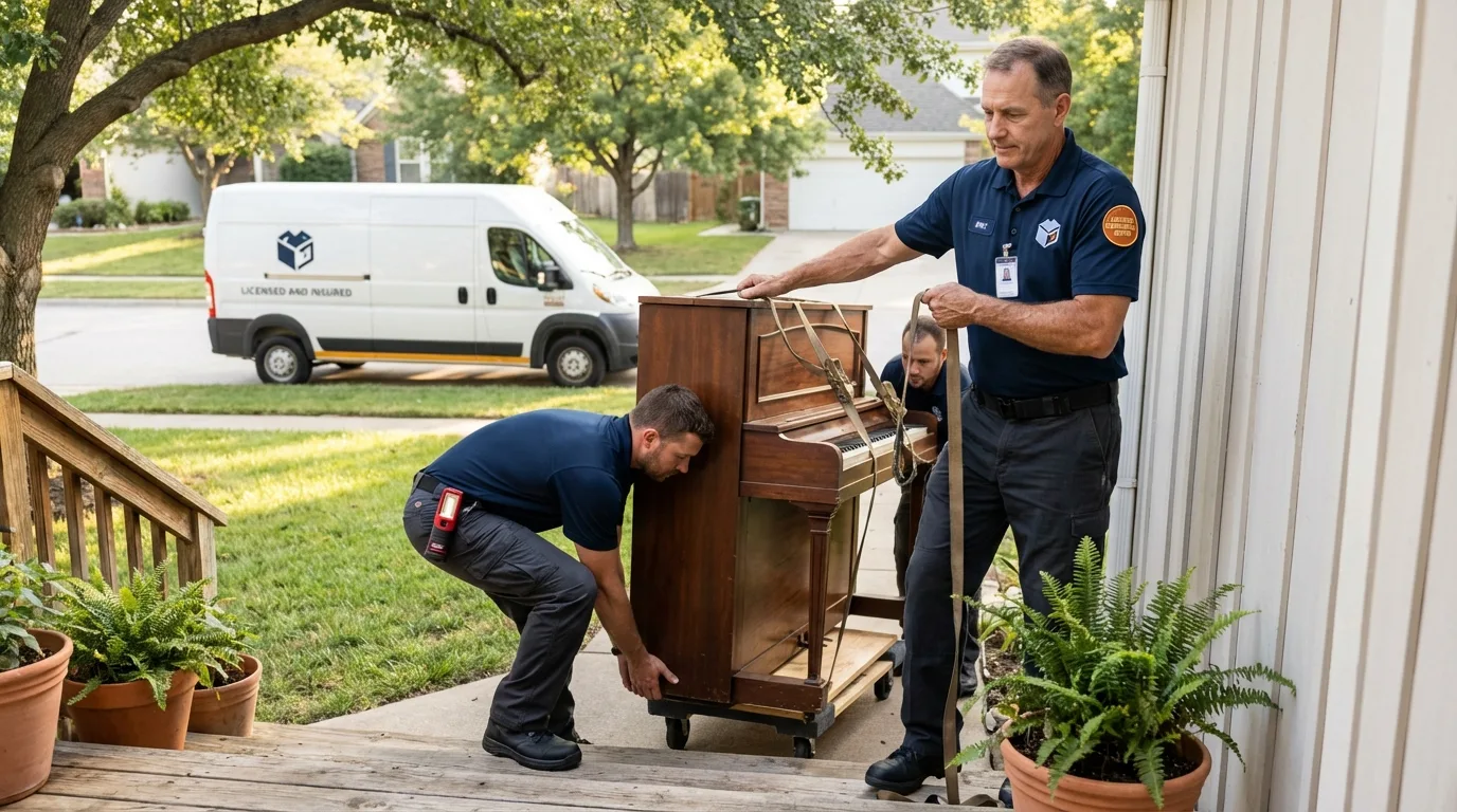 Licensed piano movers securing grand piano in Blanchard, OK