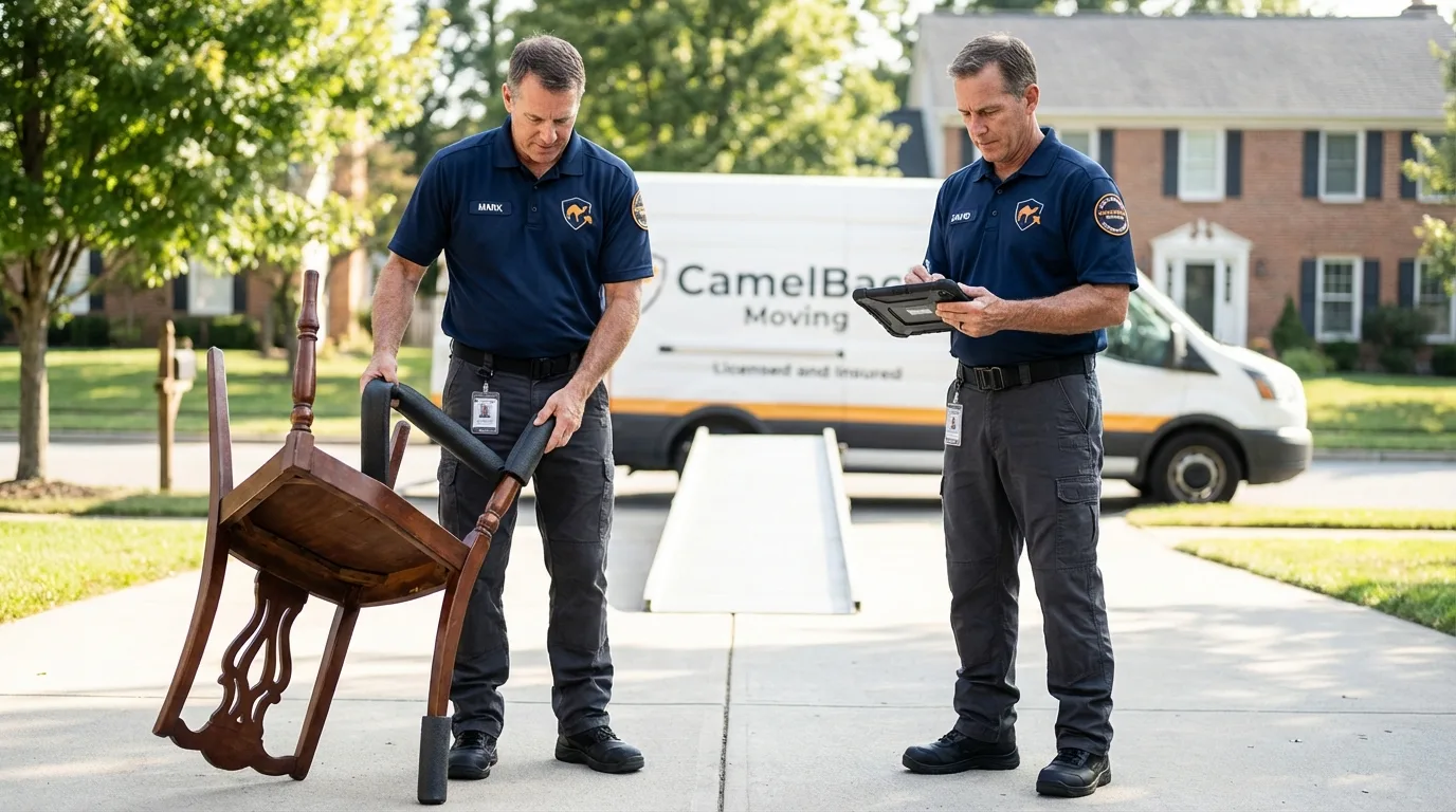 Movers inspecting furniture for damage prevention before loading in Blanchard, OK