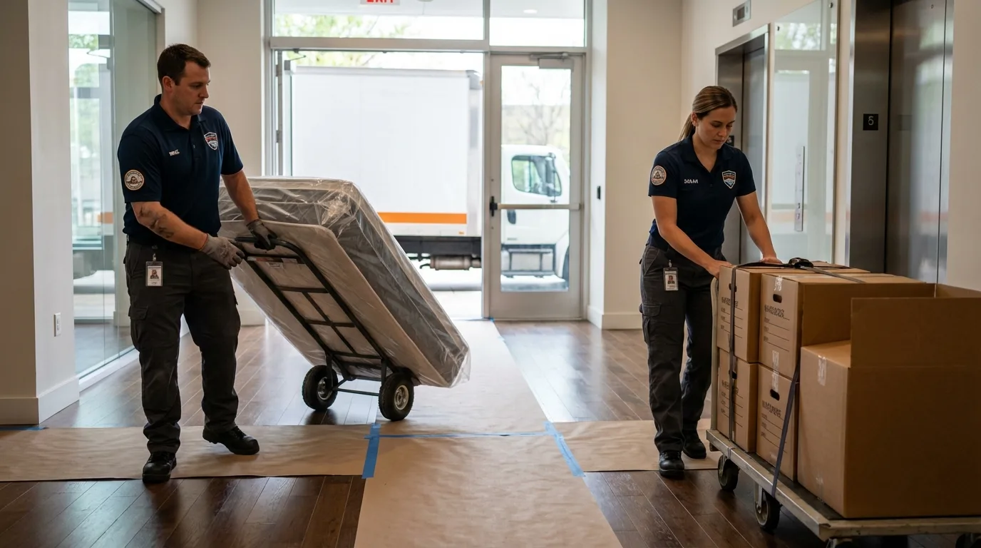 Professional apartment movers loading elevator in Blanchard, OK
